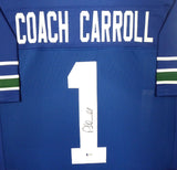 SEATTLE SEAHAWKS PETE CARROLL AUTOGRAPHED FRAMED BLUE JERSEY BECKETT BAS 158390
