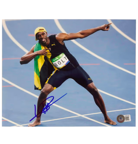Usain Bolt Signed 100m Olympic Final Print Size 8'' x 10'' with Beckett COA