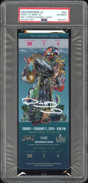 PATRICK MAHOMES SIGNED 2020 SUPER BOWL LIV 54 GREEN TICKET CHIEFS 49ERS PSA AUTO