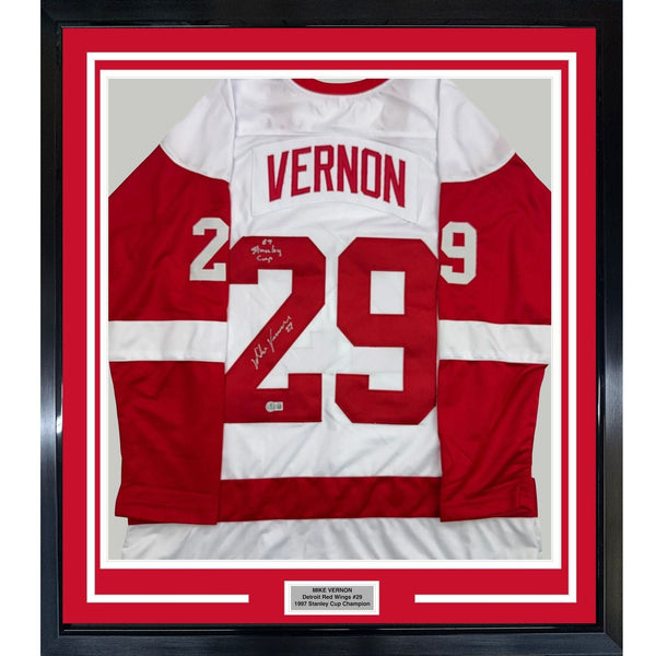Framed Autographed/Signed Mike Vernon 35x39 Detroit White Jersey BAS COA