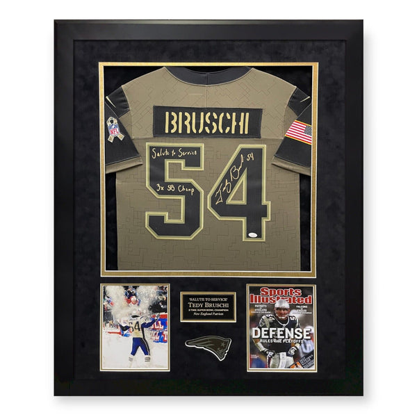 Tedy Bruschi Signed Autographed STS Jersey w/ Inscriptions Framed to 32x40 JSA