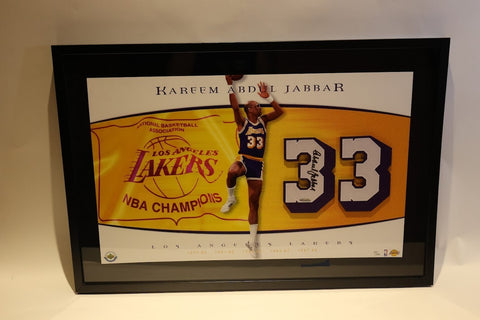 Kareem Abdul-Jabbar Autographed Jersey Number Framed Champions Collage -- LE UDA