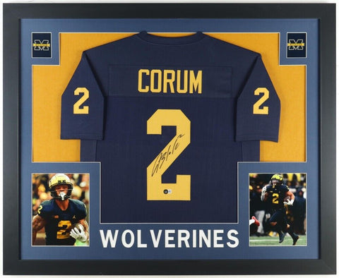 Blake Corum Signed Michigan Wolverines 35x43 Framed Jersey (Beckett) 2023 Champs