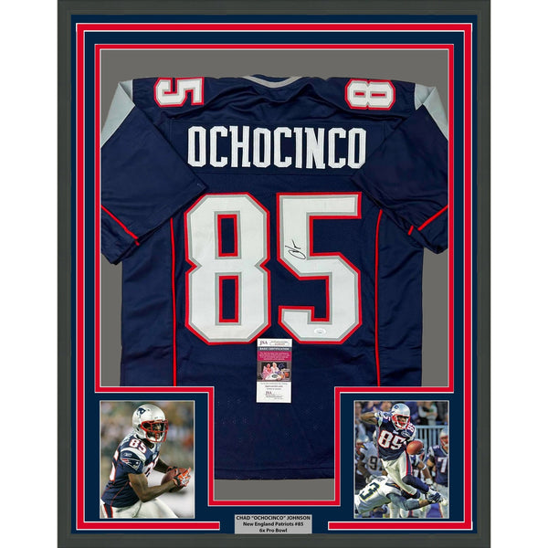 Framed Signed Chad Ochocinco (Johnson) 35x39 Blue Jersey JSA COA