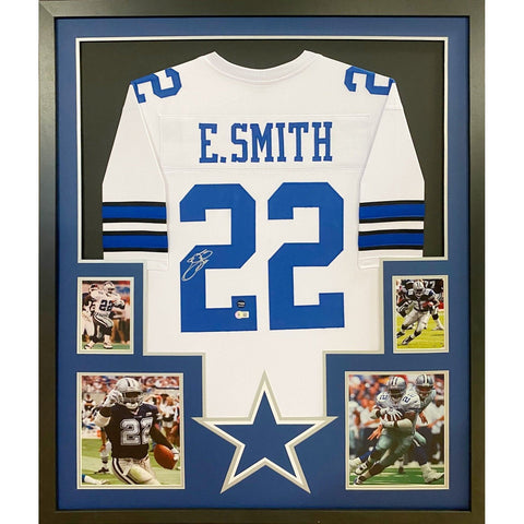 Emmitt Smith White Dallas Cowboys Autographed Signed Framed Jersey BECKETT