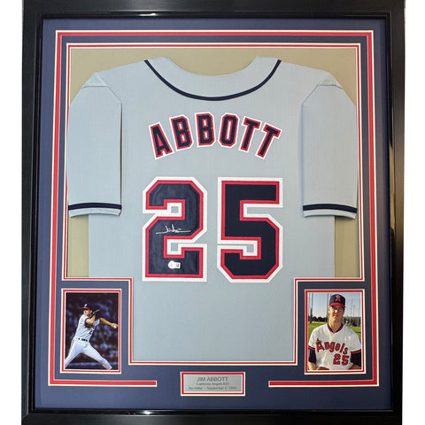 Framed Autographed/Signed Jim Abbott 35x39 California Grey Jersey BAS COA
