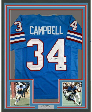 Framed Autographed/Signed Earl Campbell 33x42 Houston Blue Jersey Holo COA