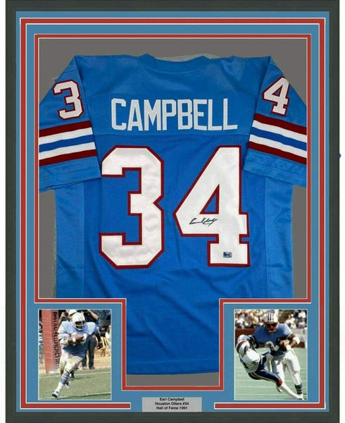 Framed Autographed/Signed Earl Campbell 33x42 Houston Blue Jersey Holo COA