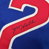 Framed Autographed/Signed Kyle Hendricks 35x39 Chicago Blue Jersey JSA COA