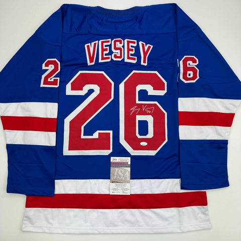 Autographed/Signed Jimmy Vesey New York Blue Hockey Jersey JSA COA