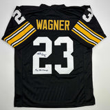 Autographed/Signed Mike Wagner 4x SB Champ Pittsburgh Black Jersey JSA COA