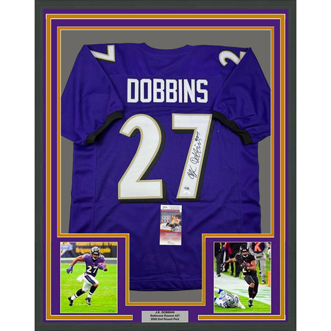 Framed Autographed/Signed J.K. Dobbins 35x39 Baltimore Purple Jersey JSA COA