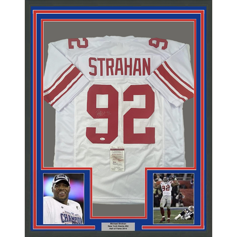 Framed Autographed/Signed Michael Strahan 33x42 New York White Jersey JSA COA