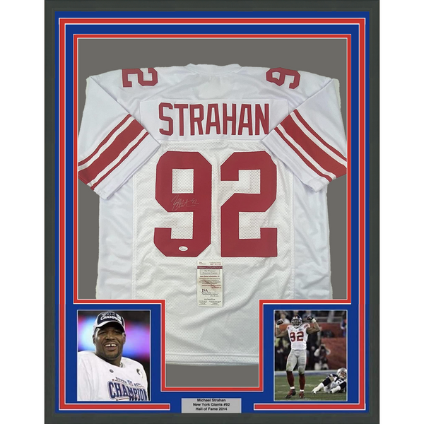 Framed Autographed/Signed Michael Strahan 33x42 New York White Jersey JSA COA