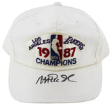 Lakers Magic Johnson Signed 1987 World Champions White Hat BAS Witness #W426873