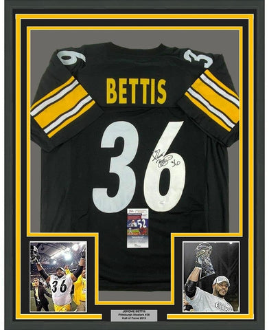 Framed Signed Jerome Bettis 35x39 Pittsburgh Black Jersey JSA COA