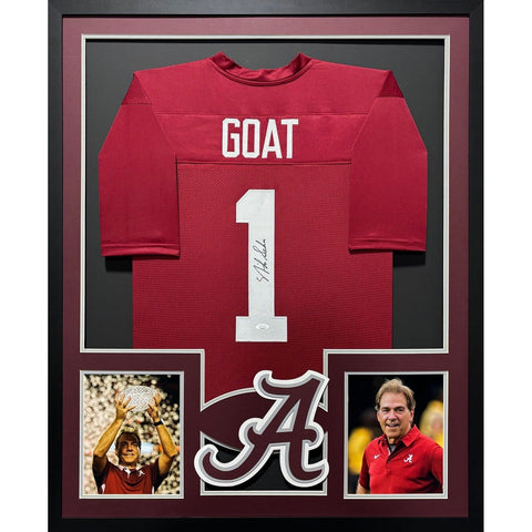 Nick Saban Autographed Signed Framed GOAT Alabama Jersey BECKETT