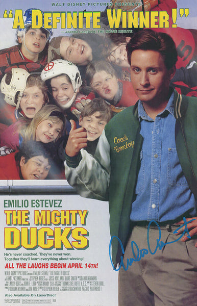 Emilio Estevez Signed Mighty Ducks 11x17 Movie Poster (In Blue Paint) - (SS COA)