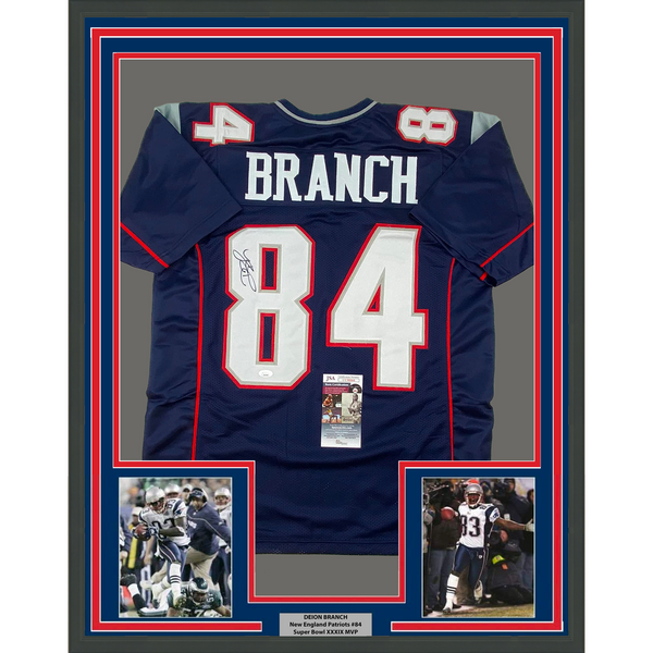 Framed Autographed/Signed Deion Branch 33x42 New England Blue Jersey JSA COA