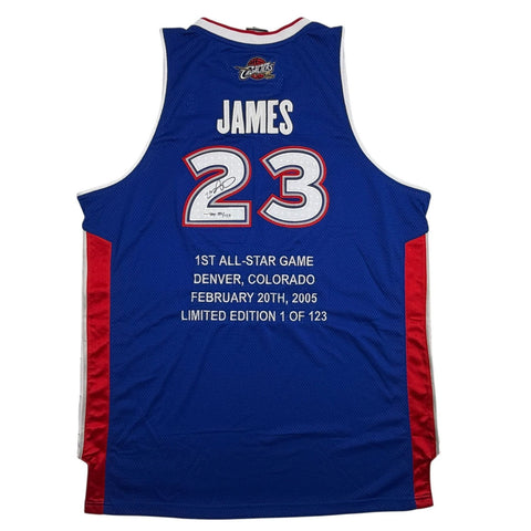 Autographed/Signed LeBron James ASG Stat LE/123 Jersey Upper Deck UDA COA