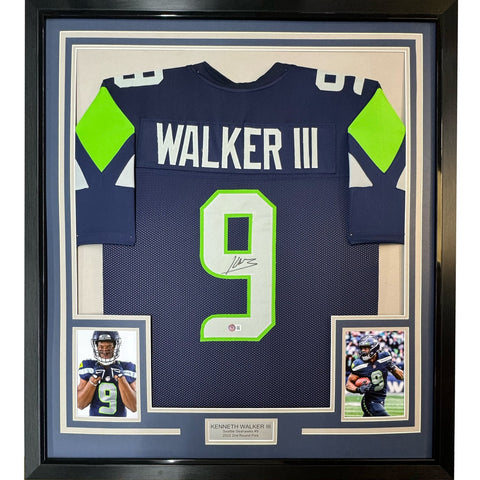 Framed Autographed/Signed Kenneth Walker 35x39 Seattle Blue Jersey BAS COA