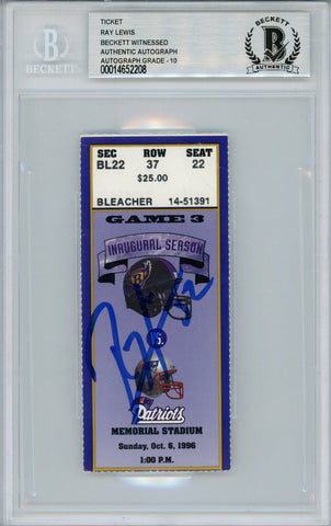 Ray Lewis Autographed/Signed 10/6/1996 vs Patriots Ticket Beckett Slab 39192