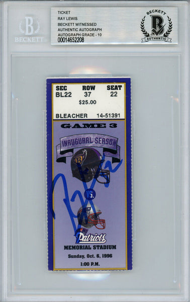 Ray Lewis Autographed/Signed 10/6/1996 vs Patriots Ticket Beckett Slab 39192