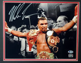 MIKE TYSON AUTOGRAPHED FRAMED 11X14 PHOTO WITH BELTS BECKETT BAS STOCK #200326