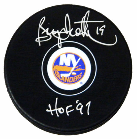 BRYAN TROTTIER Signed New York Islanders Logo Hockey Puck w/HOF'97 - SCHWARTZ