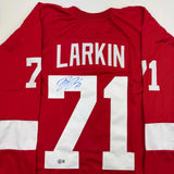 Autographed/Signed Dylan Larkin Detroit Red Hockey Jersey Beckett BAS COA