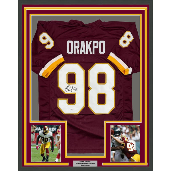 Framed Signed Brian Orakpo 35x39 Washington Burgundy Jersey JSA COA