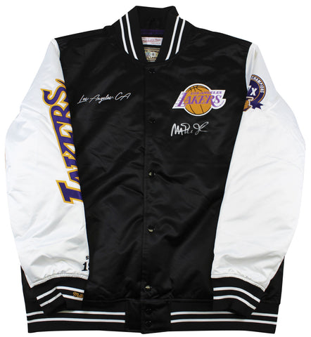 Lakers Magic Johnson Signed Black M&N HWC Bomber Jacket w/ Patches BAS Witness