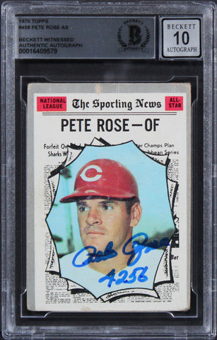 Reds Pete Rose "4256" Signed 1970 Topps #458 Card Auto 10! BAS Slabbed 6