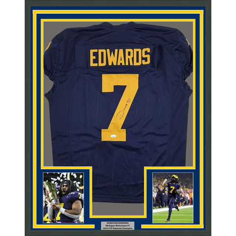 Framed Autographed/Signed Donovan Edwards 35x39 Michigan Jersey JSA COA