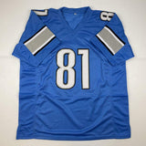 Autographed/Signed Calvin Johnson Detroit Blue Football Jersey JSA COA