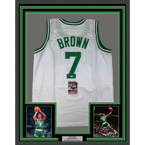 Framed Autographed/Signed Dee Brown 35x39 Boston White Basketball Jersey JSA COA