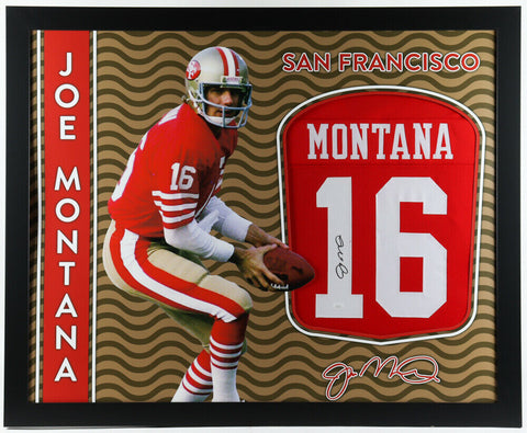 Joe Montana Signed San Francisco 49ers 35x43 Custom Framed Jersey (JSA Holo) Q.B