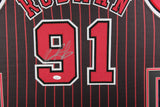 DENNIS RODMAN (Bulls black pin SKYLINE) Signed Autographed Framed Jersey JSA