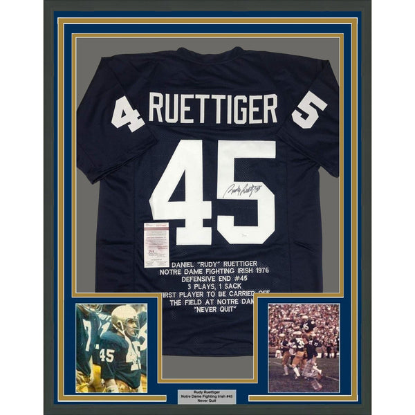 Framed Signed Rudy Ruettiger 35x39 Notre Dame Stat Jersey JSA COA