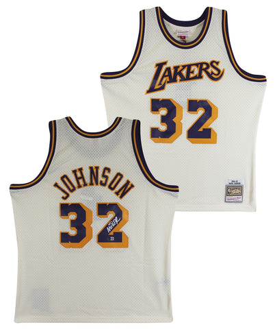Lakers Magic Johnson Signed Cream 1984-85 M&N HWC Swingman Jersey BAS Witnessed