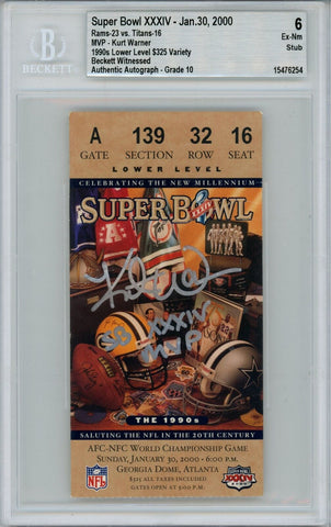 Kurt Warner Signed St Louis Rams Grade 6 Ticket Stub SB MVP Beckett 40348