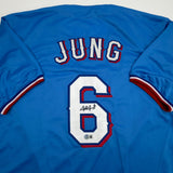 Autographed/Signed Josh Jung Texas Light Blue Jersey Beckett BAS COA