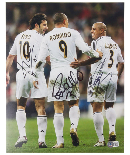 Ronaldo, Figo & Carlos Signed Soccer Print Size 12'' x 16'' with Beckett COA