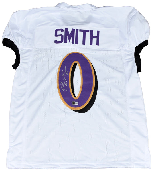 ROQUAN SMITH AUTOGRAPHED BALTIMORE RAVENS #0 WHITE GAME CUT JERSEY BECKETT