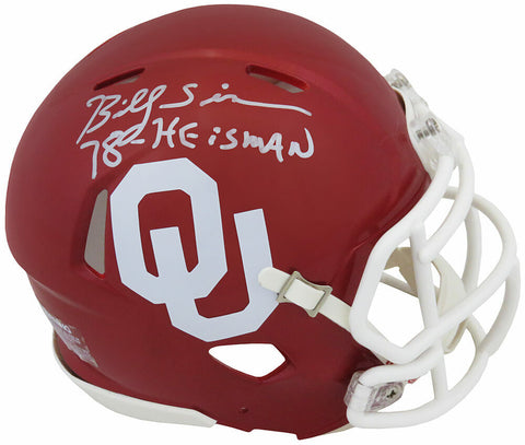 Billy Sims Signed Oklahoma Riddell Speed Mini Helmet w/78 Heisman (SCHWARTZ COA)