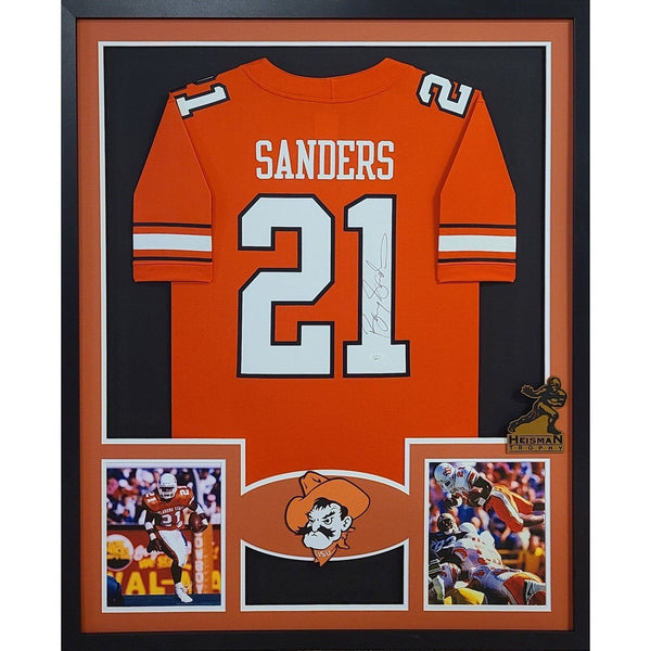 Barry Sanders Autographed Signed Framed Oklahoma State Heisman OT Jersey JSA