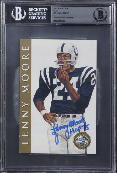 Colts Lenny Moore "HOF 75" Signed 2003 Ron Mix HOF Gold #70 Card BAS Slabbed 1