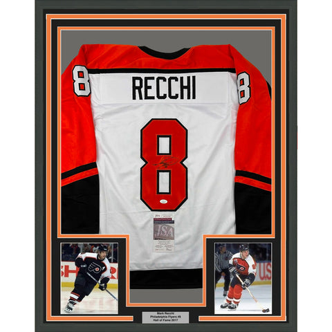 Framed Autographed/Signed Mark Recchi 33x42 Philadelphia White Jersey JSA COA