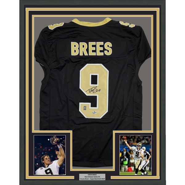Framed Autographed/Signed Drew Brees 35x39 New Orleans Black Jersey BAS COA