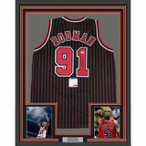 FRAMED Autographed/Signed DENNIS RODMAN 33x42 Chicago Pinstripe Jersey PSA COA